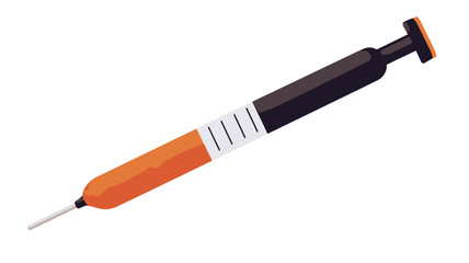 Fototapeta premium A digitally rendered image of a syringe. The syringe is primarily orange and black in color. The barrel of the syringe is orange with a white label featuring evenly spaced lines. 