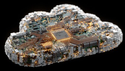 A 3D rendering of a cloud-shaped circuit board.  Illuminated circuit components, including chips and traces, form the cloud's shape.  Warm golden light highlights the intricate details