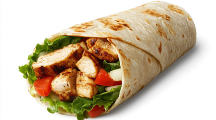 Grilled Chicken Wrap with Fresh Vegetables: A mouthwatering close-up showcases a freshly prepared grilled chicken wrap, bursting with vibrant tomatoes and crisp lettuce.