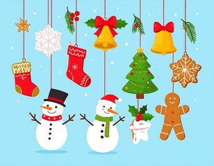 Christmas ornaments hanging on strings