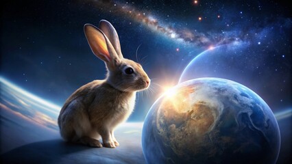A Curious Bunny Gazes Upon a Distant Planet, Wondering About the Mysteries of the Cosmos and the Possibilities of Extraterrestrial Life