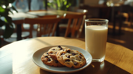 Sweetness Served: A close-up captures the tempting allure of a fresh glass of milk paired perfectly with chocolate chip cookie. inviting a moment of pure delight.