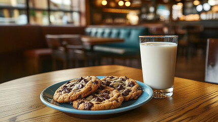Chocolate Chip Cookies with Milk: A close-up shot of warm chocolate chip cookies with a refreshing glass of milk, presented on a table. Cozy, inviting scene of classic snack. 