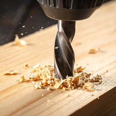 Close-up of drill bit piercing wood
