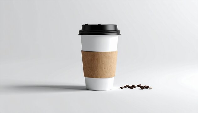 Single white paper coffee cup with a black lid and a blank kraft sleeve for branding, shown on a clean studio background with roasted coffee beans