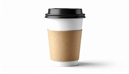 A blank white disposable paper coffee cup with a black lid and brown cardboard sleeve, isolated on a clean white background for mockup purposes