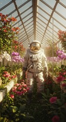 Astronaut in a Floral Greenhouse A Surreal Botanical Exploration