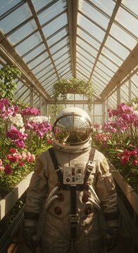 Astronaut's  standing at Floral Oasis A Journey Through a Greenhouse Garden