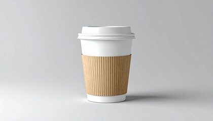 Plain white disposable coffee cup with a brown cardboard sleeve on a light grey background