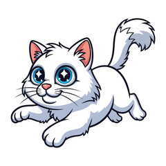 Playful White Cat: A charming cartoon illustration of a white cat with vivid blue eyes, depicted in mid-leap, showcasing its playful nature and energetic demeanor. 