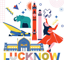 Obraz premium Typography word Lucknow branding technology concept. Collection of flat vector web icons. Asian culture travel set, architectures, specialties Memphis silhouette. Doodle Indians famous landmarks.