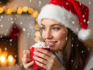 young woman in santa hat with hot chocolate 