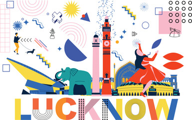 Typography word Lucknow branding technology concept. Collection of flat vector web icons. Asian culture travel set, architectures, specialties Memphis silhouette. Doodle Indians famous landmarks.