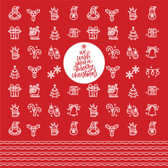 Christmas Icons Seamless Pattern with New Year Tree, Snow and Stars. Happy Winter Holiday Wallpaper with Nature Decor elements. Winter snow red background seamless pattern