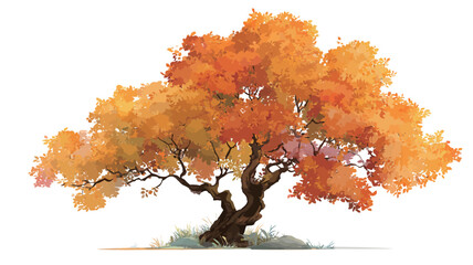 Digital painting of an isolated deciduous tree with vibrant orange and yellow leaves, rendered in a watercolor style against a white background. The tree has a thick, dark brown trunk and