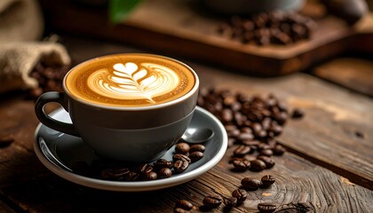 Latte art on a gray cup with coffee beans