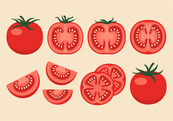 Ripe Tomato Collection Fresh Slices and Whole Fruits in Vector Style