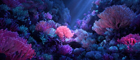 Obraz premium Vibrant Coral Reef Ecosystem - Underwater Fantasy with Pink and Blue Hues.