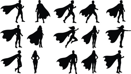 Superhero Silhouettes Collection, Male and Female Heroes, Dynamic Poses, Flying Capes, Vector Outlines, Action Figures, Comic Style, Heroic Characters, Isolated Black Shapes, Superpower Concept