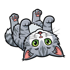 Playful Feline Upside Down: A cute and cuddly cartoon cat lies playfully on its back, showcasing a delightful striped pattern and charming green eyes, perfect for bringing a touch of joy.