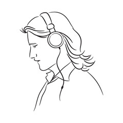 A black line drawing of a long-haired man wearing headphones creates a calm and peaceful atmosphere for music lovers.