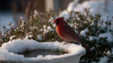 Scarlet cardinal perched on snow-dusted birdbath, whispering winter secrets, evoking Yule tranquility and National Bird Day celebration