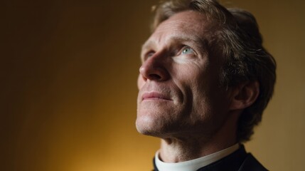 A contemplative European male priest gazes upward, capturing the quiet spirituality of Candlemas and All Souls' Day musings