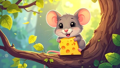 Cute mouse with cheese in a forest setting