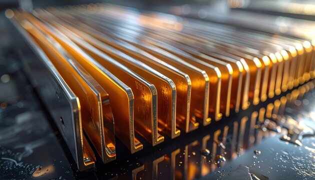 Extruded heat sink fins in parallel soft raking light and right side copy area representing cooling technology suitable for engineering product and tech design