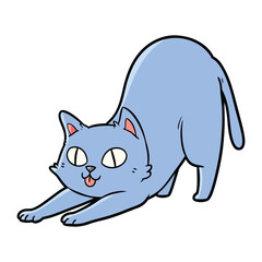 Playful feline Stretching: A cartoon cat shows stretch pose after resting with a cute smiling, playful and adorable expression, illustrating feline fun and relaxation in a delightful pose.