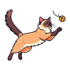 Playful Cat Chasing Ball: A lively illustration of a domestic cat mid-air, playfully reaching for a hanging ball, showcasing its agility and curiosity, creating a charming and whimsical scene.