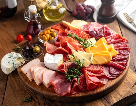 Assorted meats and cheeses on a wooden board