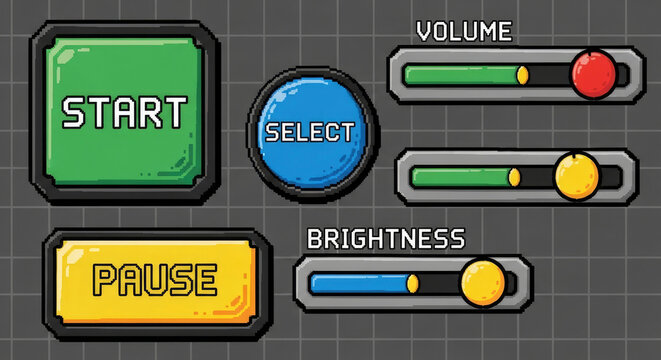 Pixel art user interface elements for gaming with start pause select volume and brightness sliders