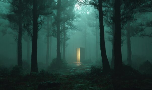 Foggy forest path with glowing door