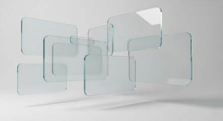 Interactive user interface with floating blank glass screens or windows on a white background