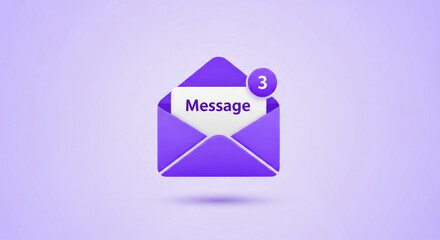 3D message notification icon with an open purple envelope and an unread count of three