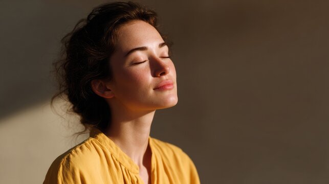 Sunlit serenity envelops young Caucasian woman in golden meditation, embracing Peaceful Warrior Day and Diwali's radiant joy