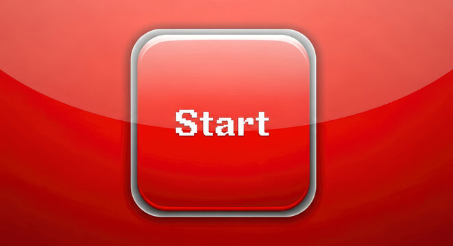 Vibrant red glossy Start button with pixelated text for digital game interface