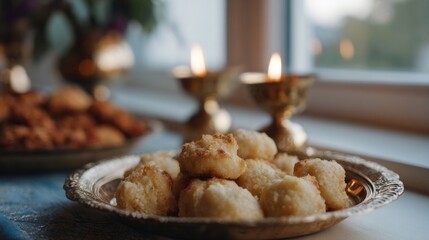 Golden coconut macaroons gleam beside flickering diyas, evoking a serene Diwali evening of sweet, ceremonial indulgence