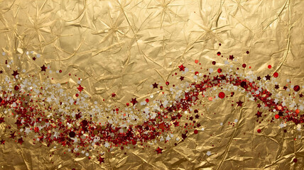 Christmas Golden Background with Red Glitter Stars and Festive Confetti