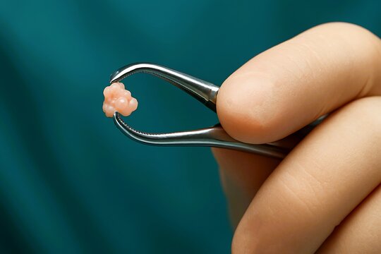 A hand carefully grips tweezers holding a small tissue-like specimen, emphasizing surgical precision, delicate handling, and clinical accuracy.