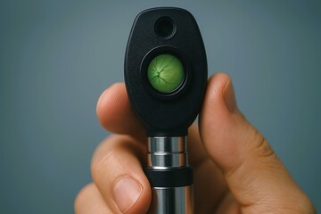 A doctor’s hand holds an ophthalmoscope showing a retina view, a diagnostic tool used to examine the eyes for vision health and neurological conditions.