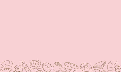 bakery themed background with blank space. hand drawn line illustration on light pink background