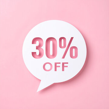 White circular bubble with 30 percent OFF text in bold modern font, plain pink background