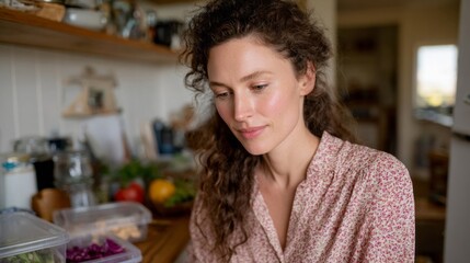 Thoughtful Caucasian woman savors serene kitchen moment, echoing Hygge warmth and harvest festival's bountiful embrace, while preparing
