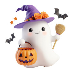 Cute Halloween Ghost With Witch Hat Pumpkin Bucket And Bats graphic design isolated on a transparent background