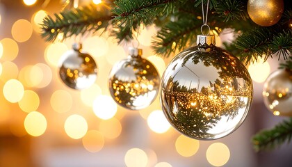 Christmas ornaments on a tree with bokeh
