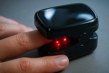 A pulse oximeter clipped onto a finger emits red light, monitoring oxygen levels and heart rate, reflecting modern healthcare technology.