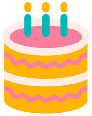Twotiered yellow cake with pink frosting and three teal candles.