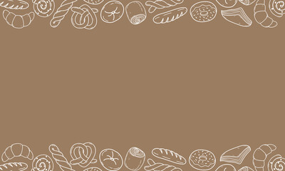 bakery themed background with blank space. hand drawn line illustration on brown background